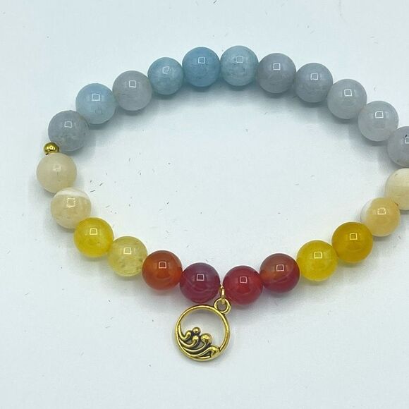 Ocean wave carnelian yellow agate honey calcite aquamarine beaded stretch bracel - Picture 4 of 16